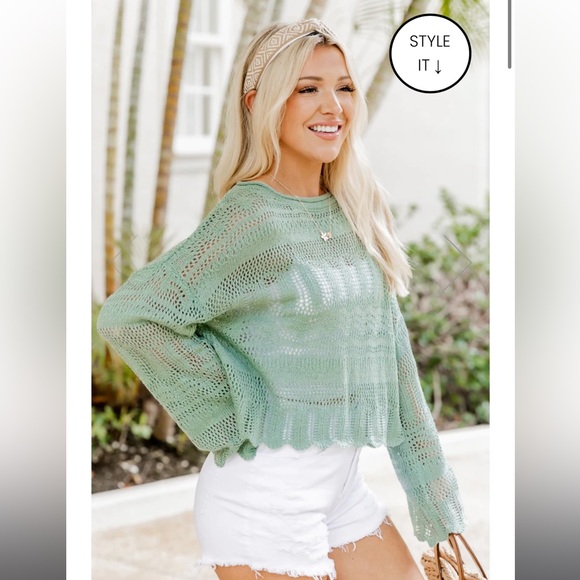 🆕 Sage Scalloped Hem Open Knit Crochet Sweater - Picture 9 of 14